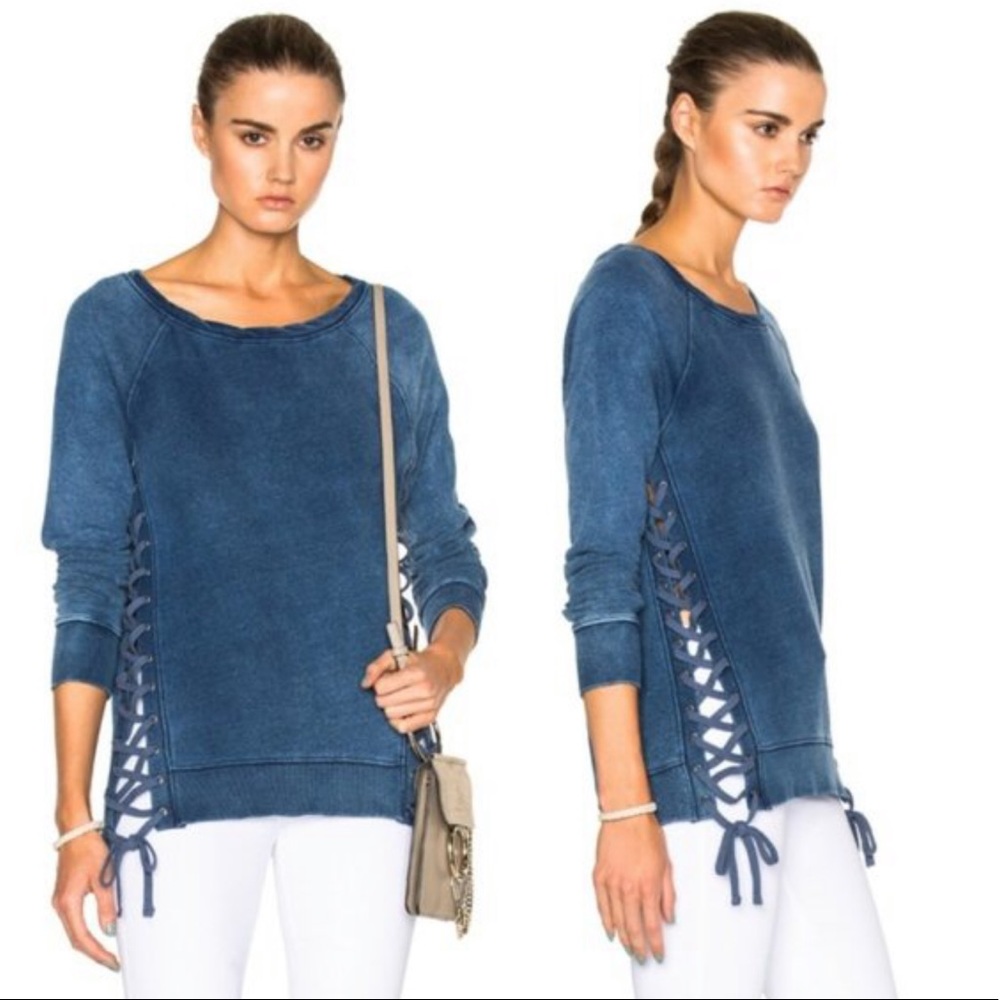 Pam & Gela laceup distressed blue denim sweatshirt